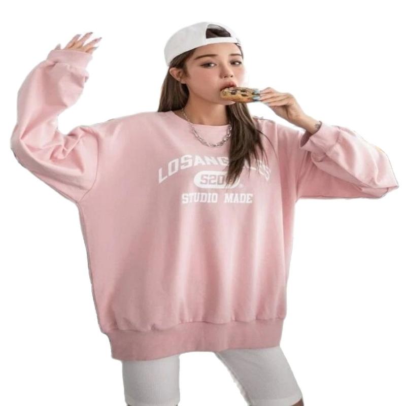 

Women's Hoodies & Sweatshirts Autumn And Winter Clothing Hedging Thin Section Casual Loose Round Neck Pink Printing Hoodie, Black
