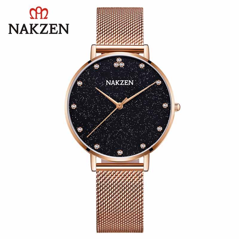 

Wristwatches NAKZEN Top Luxury Fashion Ladies Watch Quartz Women Stainless Steel Wristwatch Gifts For Life Waterproof Clock Reloj, Rose black