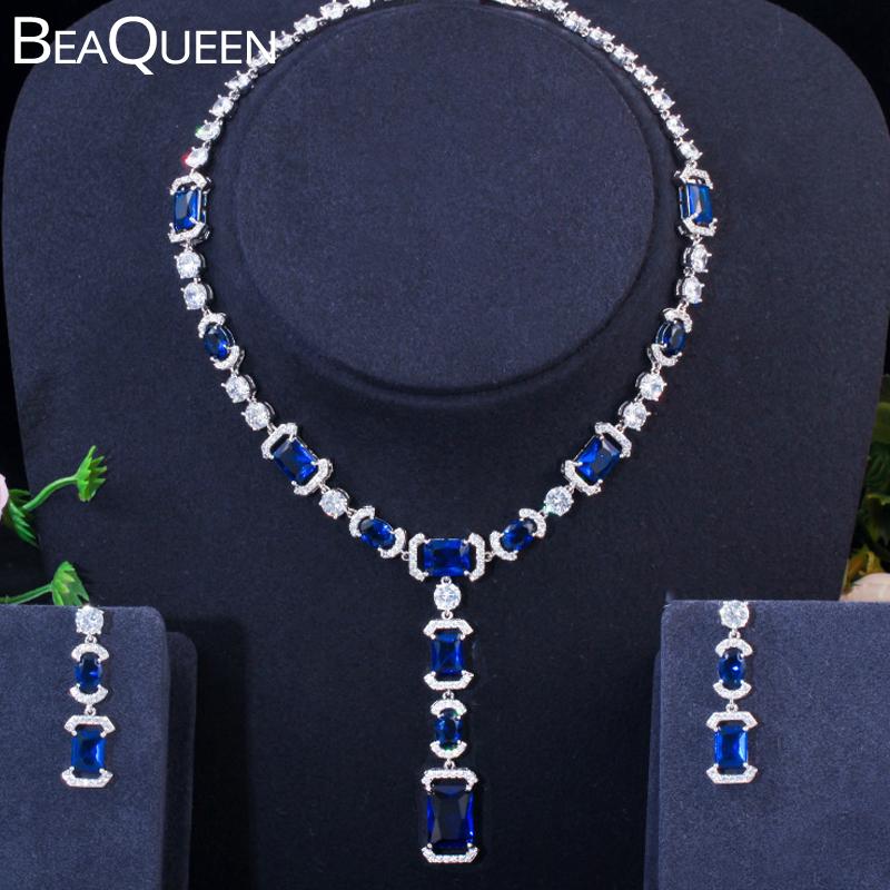 

Earrings & Necklace BeaQueen Luxury Dark Blue Square Round Cubic Zirconia Crystal Long Drop Bridal Jewelry Sets For Wedding JS212, Silver