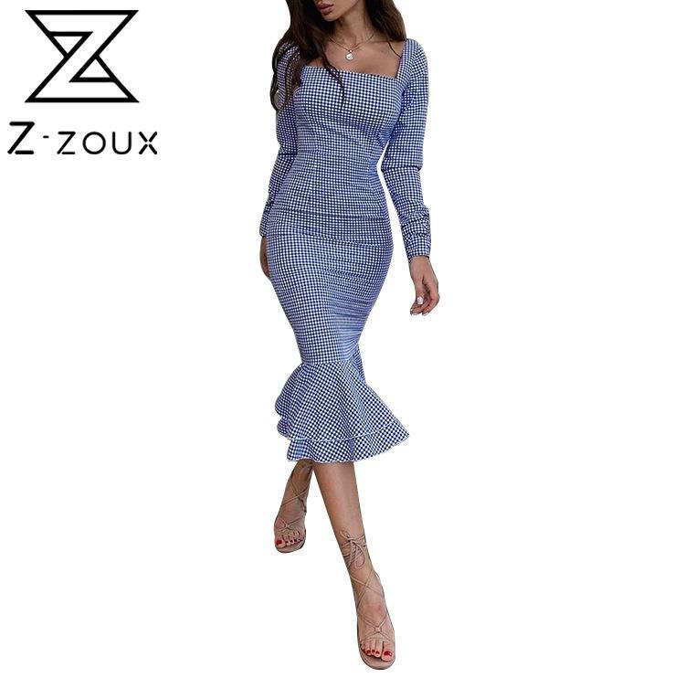 

Women Dress Square Collar Ruffles Mermaid Dresses Plus Size Vintage Sexy Long Plaid Sleeve Fashion 210524, Blue
