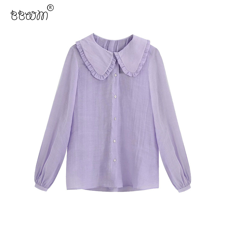 

Women Fashion Back Ruched Loose Blouses Sweet Peter Pan Collar Long Sleeve Shirts Girls Chic Tops 210520, As picture