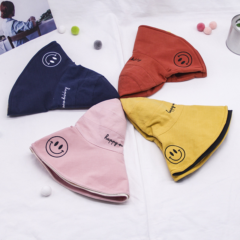 

2021 new Korean smiling face hemp material big brim fisherman hats female casual joker travel sunscreen folding with letters, Multi