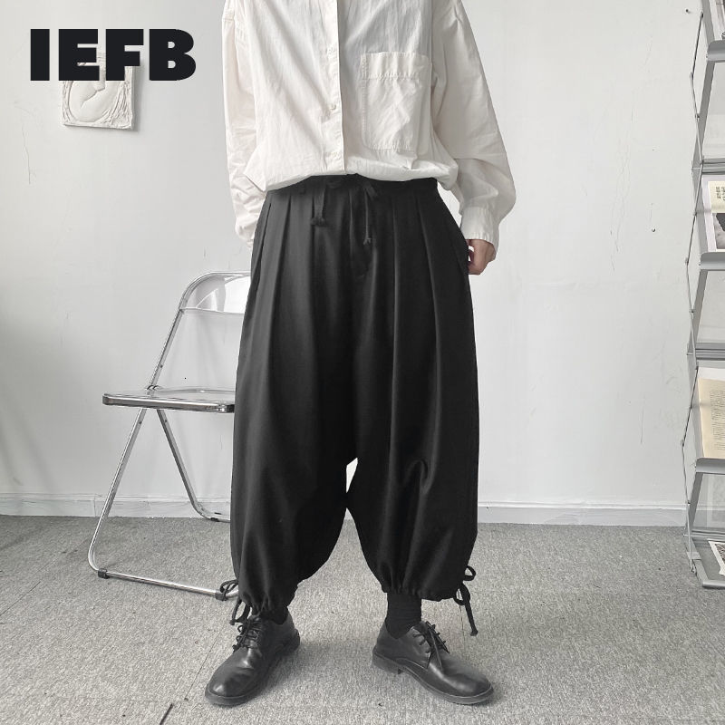 

IEFB Men' Niche Japan Streetwear Fashion Drawstring Harem Casual Pants Summer Loose Wide Leg Ankle Length Pants 9Y7237 210524, Black