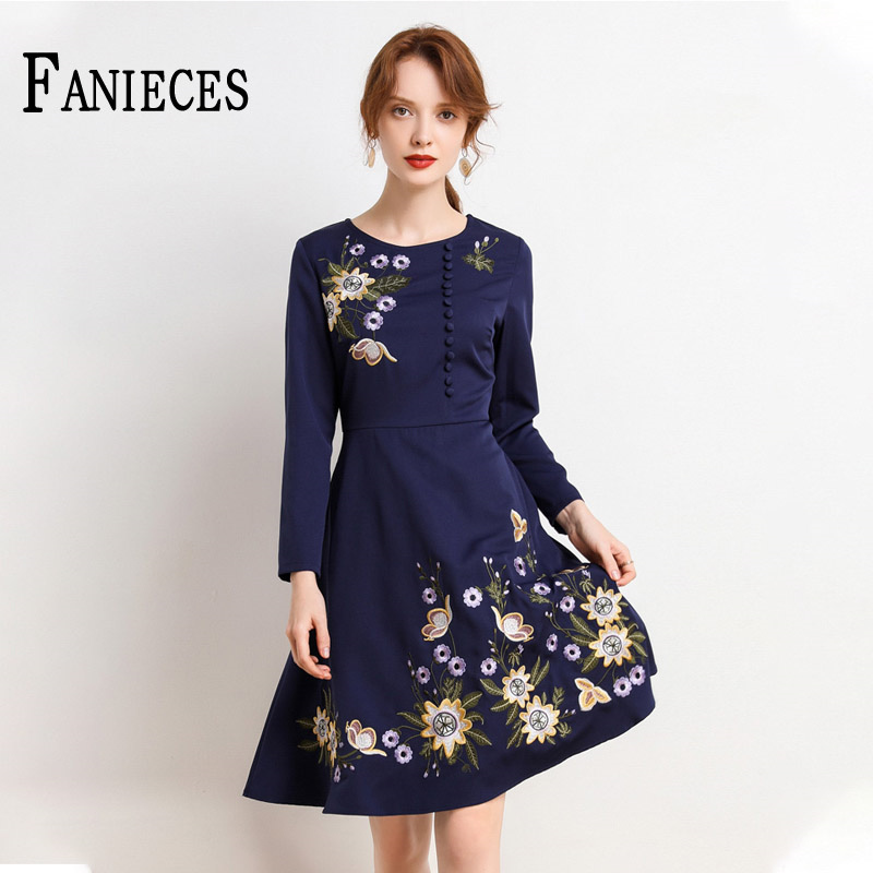 

Patchwork Vintage Navy Print Women Mini Dresses Autumn Arrival Temperamental Elegant Ladies Party Dress robe 210520, Navy blue