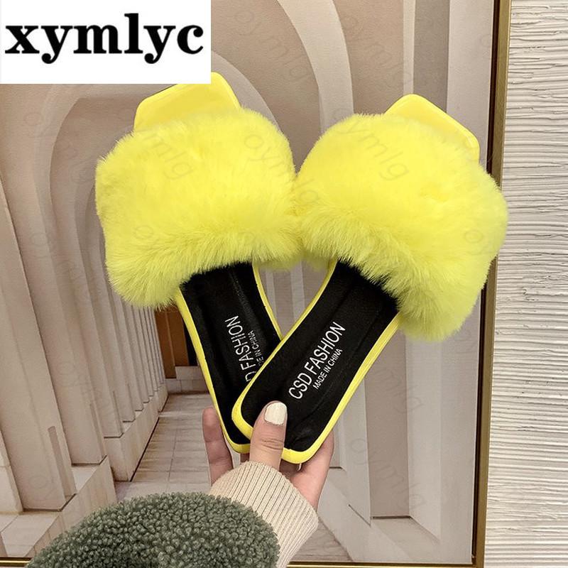 

Spring Summer Fluffy Fur Slippers Shoes Woman Plush Slip On Flip Flop Flat Furry Slides Outdoor Sandals Flats 2021, Black