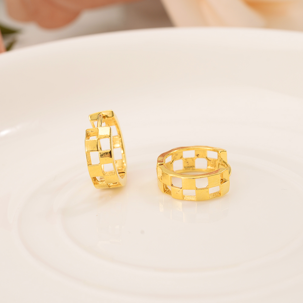 Women Hollow square Wide Hoop Ear Cuff Earrings Fine Solid 18k Yellow Gold GF Ball Earring Vintage Golden Round-image-707200943