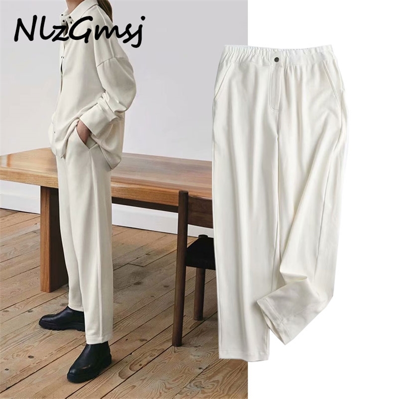 

Pant Women High Quality White Long Pants Trousers Vintage Style Strethy Waist Lady Pantalon 210628, As picture