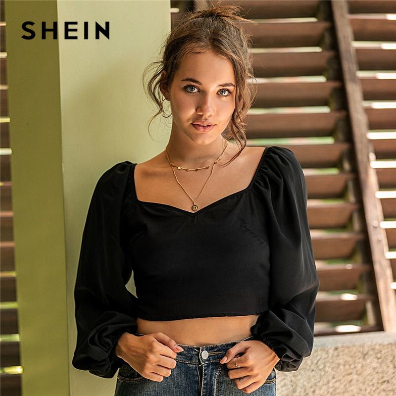 

Women's Blouses & Shirts SHEIN Black Lantern Sleeve Crop Milkmaid Top Sweetheart Neck Shirred Back Blouse Spring Summer Bohemian Womens Tops