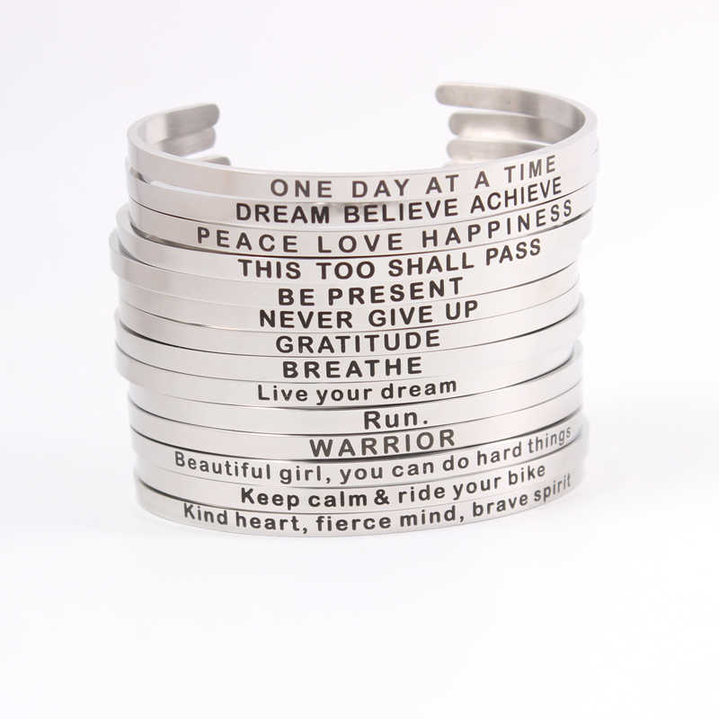 

Newest Mantra Bracelet Custom Name Bracelet,stamped Breathe Run Warrior Never Give Up 4mm Bar Stainlless Steel Bangle Open Cuff Q0719