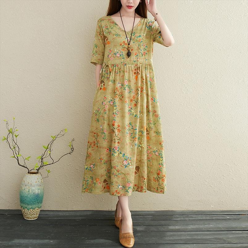 

cotton linen casual arrival womens dresses summer vintage style v neck floral print loose ladies a line long t003, Black;gray