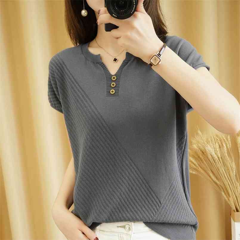 

Pure cotton T-shirt women summer V-neck pullover solid color knitwear plus size casual sweater short-sleeved tees 210708, Bean green