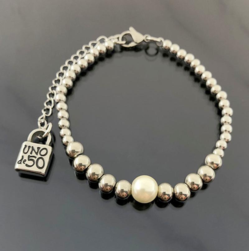 

Heart Lock Key Pearl Bracelet Stainless Steel Round Ball Beads Tube Letter Man Women Fashion LUCKY Jewelry Pulsera Charm Bracelets, Golden;silver