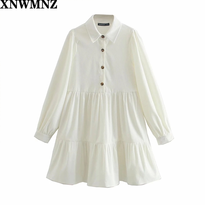 

Women Fashion Corduroy mini dress vintage A-line long sleeve ruffled hem button Collared Female Dresses Mujer 210520, Pink