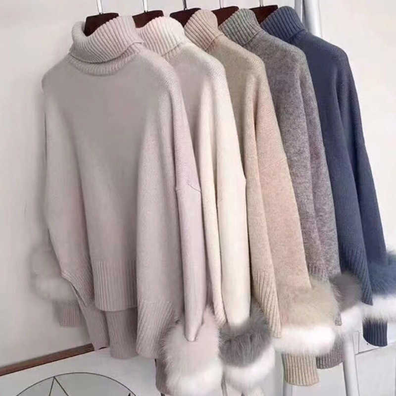

Sweet Turtleneck Faux Mink Fur Spliced Long Sleeved Sweater Knitted Shirts Imitation Fur Striped Pullovers Irregular Hem Tops X0721, Pink