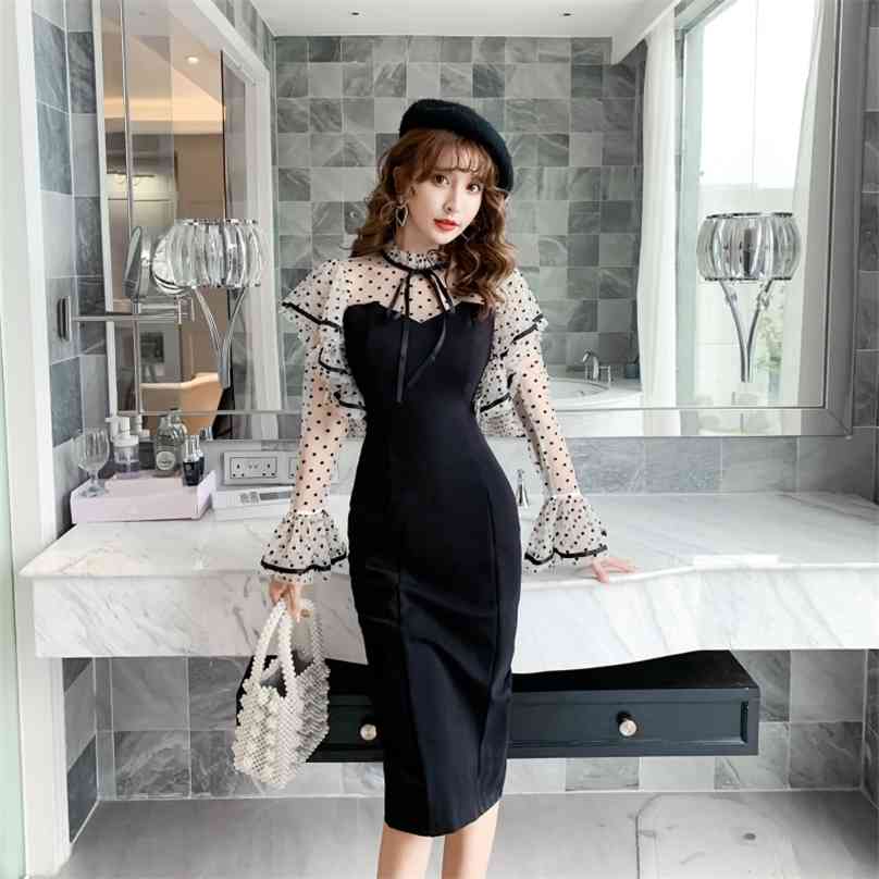 

Film aristocratic wind horn sleeve agaric side white gauze of tall waist wave point perspective sexy dress cultivate one' mo 210602, Black