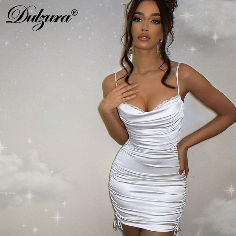 

satin lace patchwork women strap mini dress ruched dstring bandage bodycon party elegant club 2021 summer slim, Black;gray