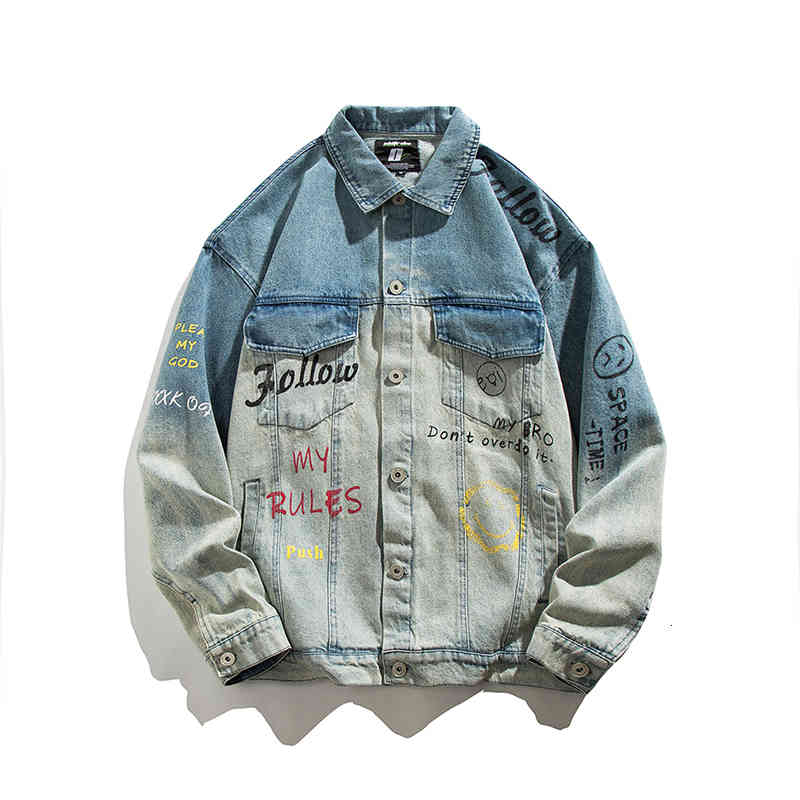 

Men's Jackets Autumn male letter impression denim jacket turn-down student collar loose casual clothing N86P, 1# shoe box