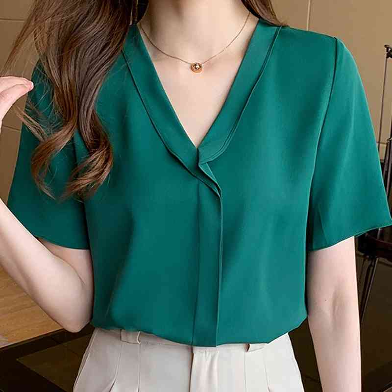 

Blusas Mujer Women Blouses Femme Top Tops Women Short Sleeve Summer Blouse Women V-Neck Chiffon Blouse Shirt Shirts E711 210602, White