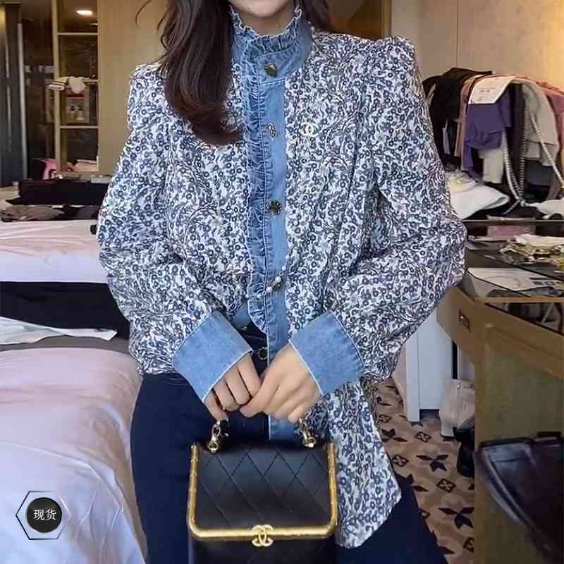 

Qooth Spring Blouses Long Sleeve Denim Woman Shirt Floral Print Blouses Single Breasted Blouse Female Loose Shirts Tops QT460 210518, Blue
