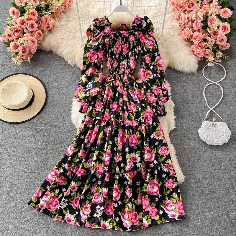 

Spring Autumn Bohemian Vacation Beach Long Dress Women Elegant Square Collar Lantern Long Sleeve A-Line Vestidos Casual Robe New Y0603, Yellow