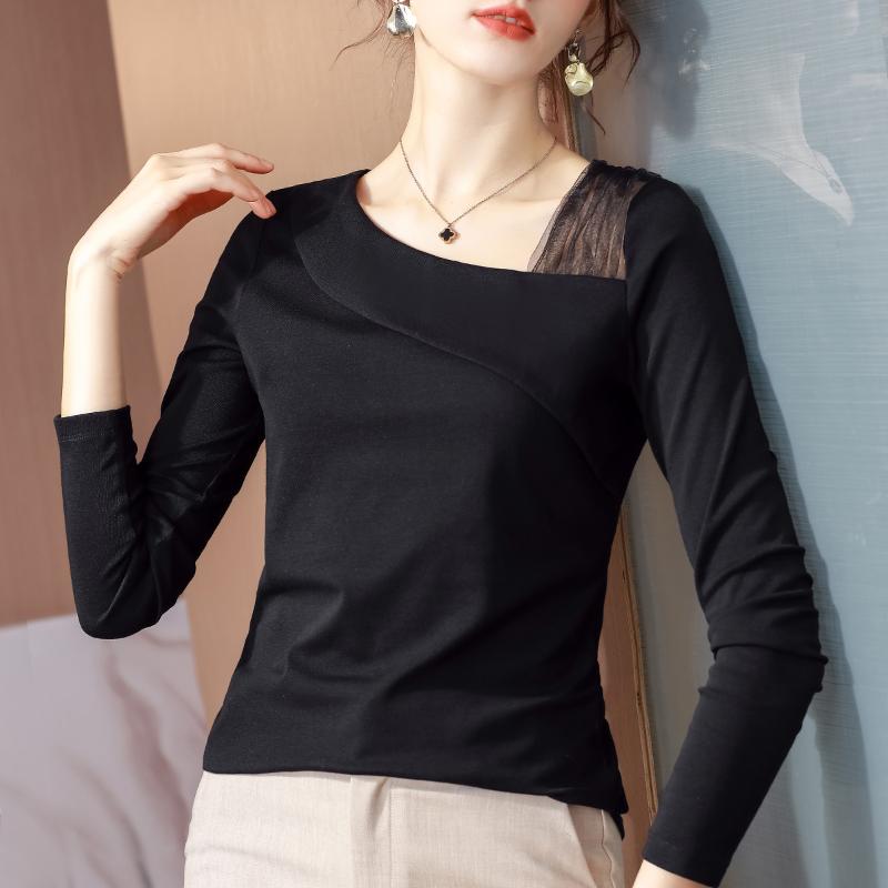 

Women's T-Shirt Gauze Patchwork Cotton Long Sleeve T Shirt Women 2021 Spring Autumn Tops Woman Clothes Korean Fashion Tee Femme, White