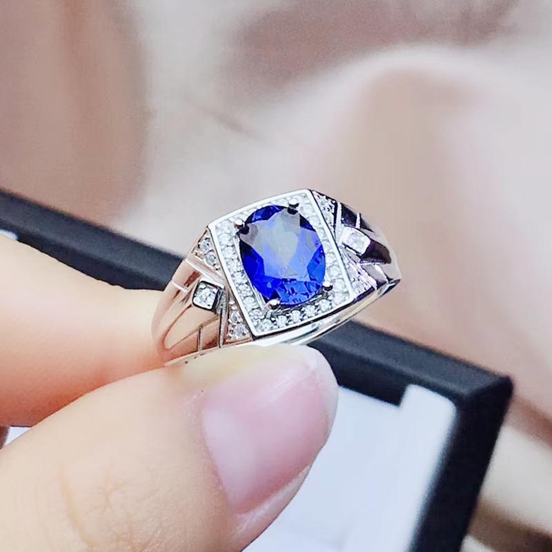 

Cluster Rings Men Ring Natural Real Blue Topaz Or Diopside Per Jewelry 5*7mm 1ct Gemstone 925 Sterling Silver J210294, Golden;silver