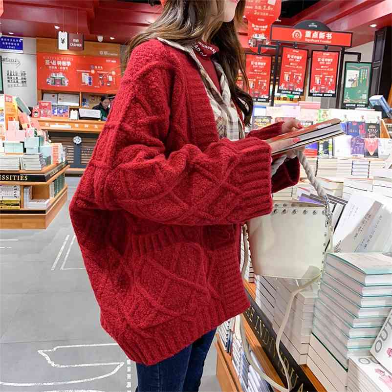

Long cardigan vintage solid color pocket v-neck thick bat sleeve Casual sweater loose autumn winter sweaters outwears 210519, Red