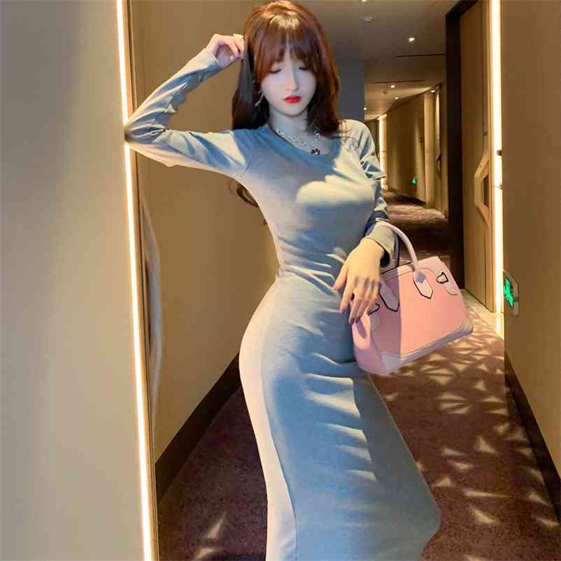 

autumn and winter Korean version of the bottoming long-sleeved hip dress Office Lady Cotton Sheath 210603, Gray