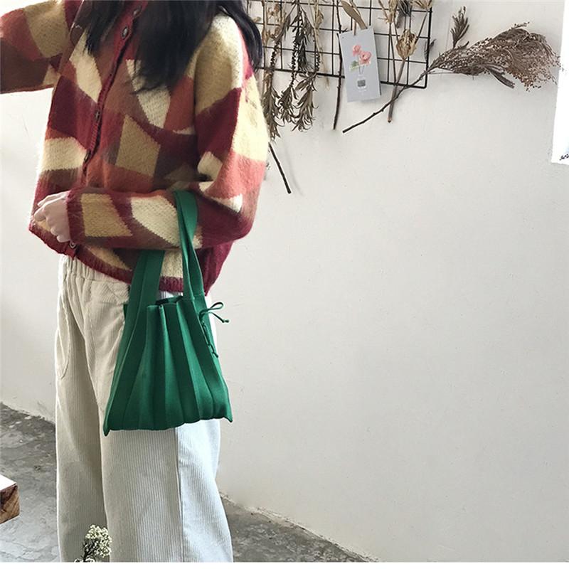 

Evening Bags Knitted Fabric Women Shoulder Bag Design Pleated Woolen Cloth Handbag Foldable Strapped Tote For Ladies Korean Style Chic, Green