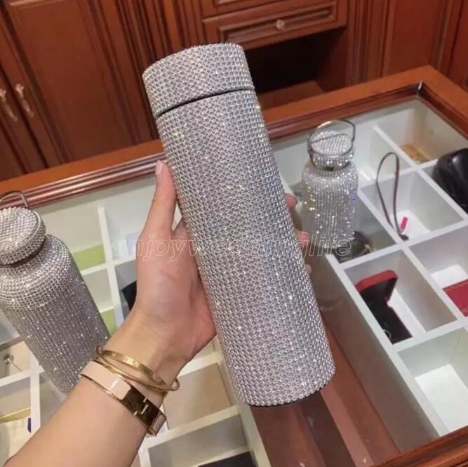 

Luxury Designer Brand Letter Printing Crystal Rhinestone Water Bottles Temperature Display Vacuum Flask Mug High Quality Stainless Steel Kettle Cup with Box, Black