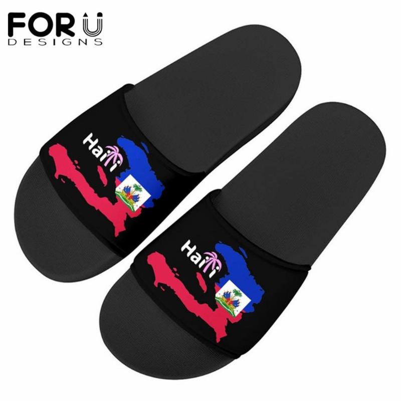

Women Summer Casual Slides Haiti Flag Black Print Comfortable Slippers For Female Beach Sandals Ladies Indoor Shoes