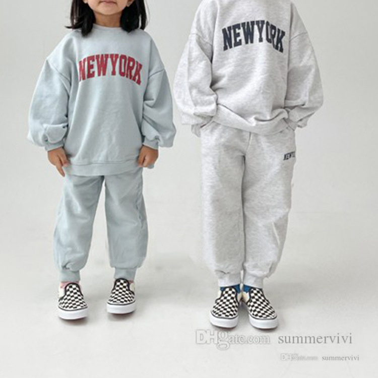 

Kids letter printed sports clothing sets girls boys round collar long sleeve sweatshirt+double pocket trouser fashion children casual outfits Q3030, Navy blue