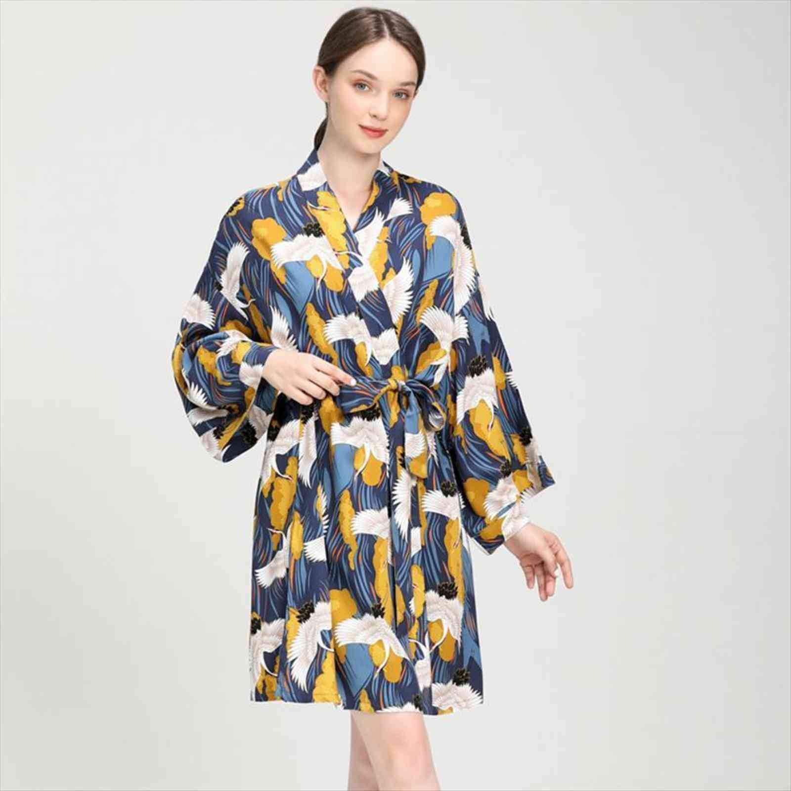 

yellow crane robe spring women sleepwear viscose nightgown flower printed long sleeve pajamas bathrobe for female, Black;red