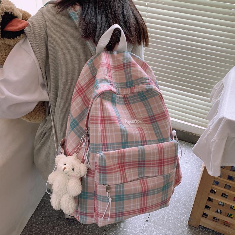 

Backpack Literary Lattice Rucksack Korean Version Harajuku Junior High And School Students Japanese Girl Schoolbag, Purple-green
