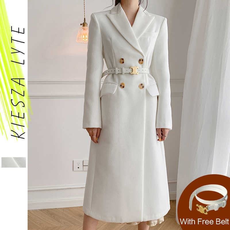 

Winter Woolen Coat Women Elegant White Thickening Warm Cashmere Wool Blend Jacket Outerwear Runway Fashion Female Overcoat 210608, White ( with belt)