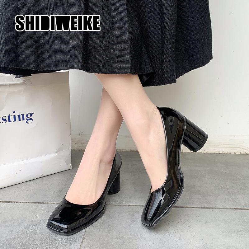 

Women Spring Square High Heels Shoe Woman Classic Slip On Casual Ladies Elegant Soft Patent LeatherFashion Female Pump Vb066 Dress Shoes, Black