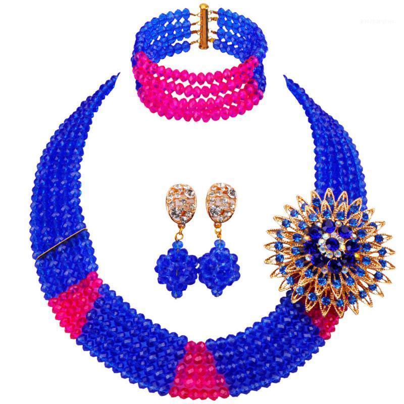 

Earrings & Necklace Blue And Fuchsia Costume African Jewelry Set Nigerian Wedding Beads Crystal Party Sets 3JK04, Silver