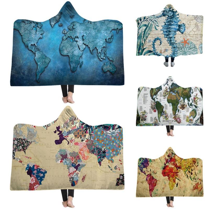 

Print Wearable Blanket Double-Sided Plush Hooded Super Soft Throw Wrap Cloak Cape For Beds Travel Home Camping Blankets