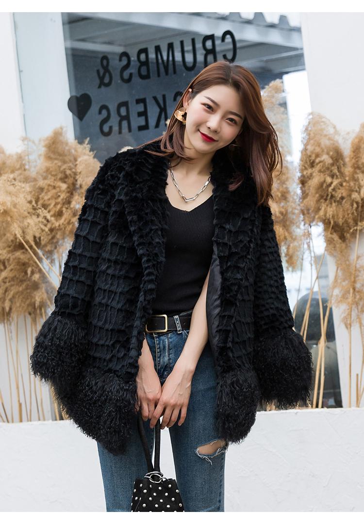 

women's fur & faux 2021 real genuine natural coat with lamb hem and cuffs lady fashion english-collar jacket, Black