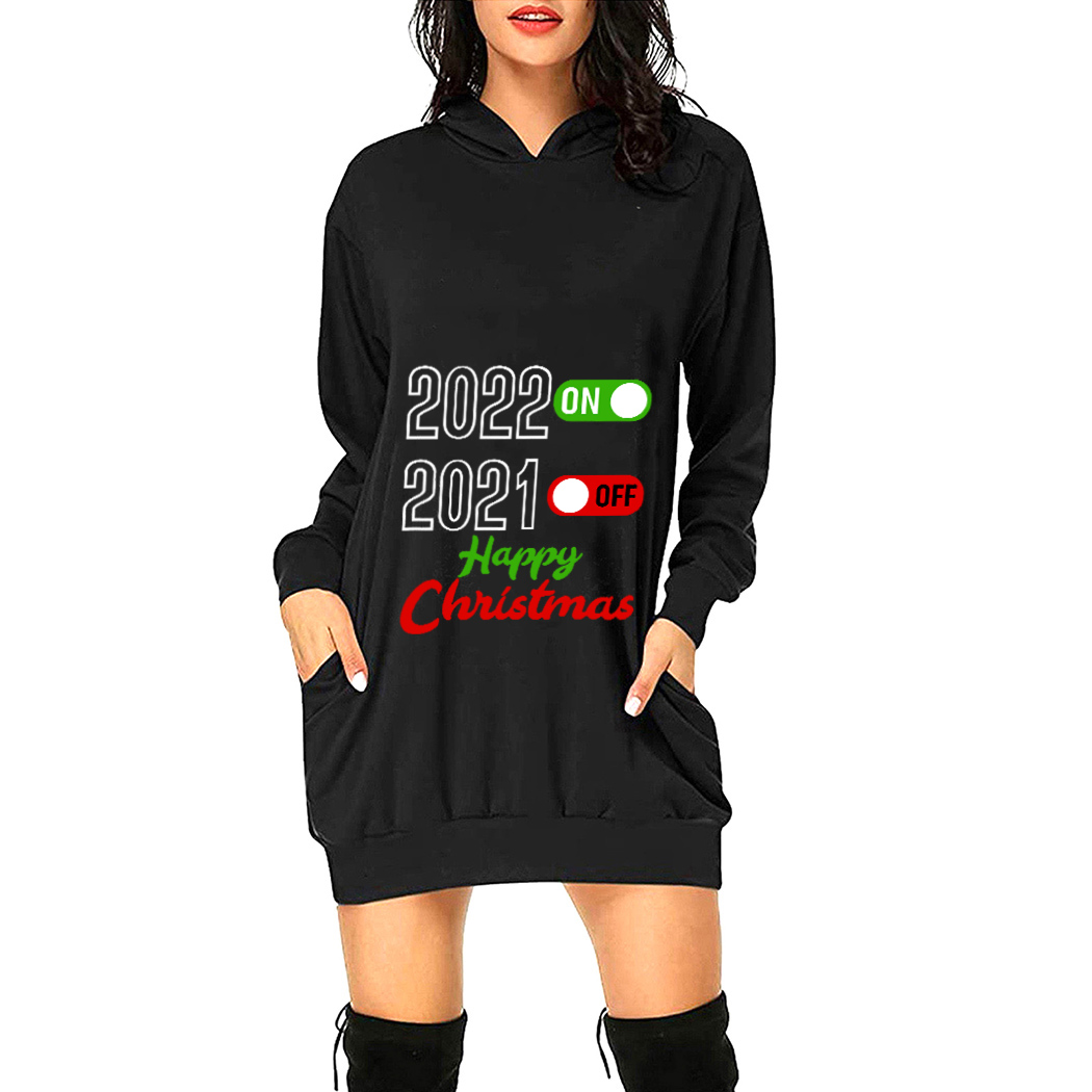 

Women Thick Medium Length Hoodie Dress Girls Autumn Winter Casual Sport Street Wear Christmas Pattern Printing Hip Hop Style Long Sleeve Loose Hooded Pullovers, Black 1