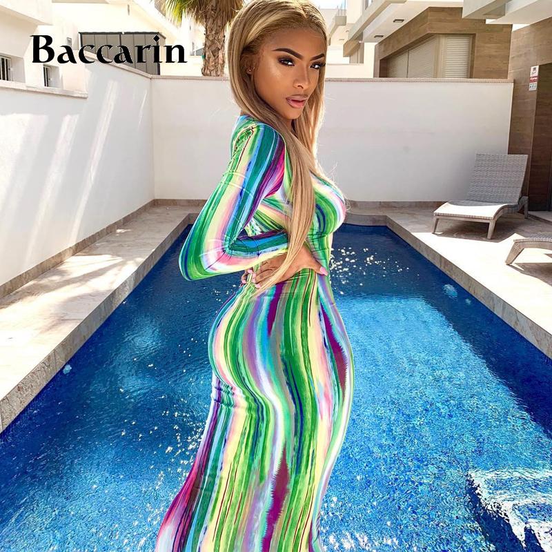 

Baccarin Stripe Print Women Maxi Dress Long Sleeve Bodycon V Neck Sexy Party Streetwear 2021 Spring Summer Clothes Club Outfit Casual Dresse, Black;gray