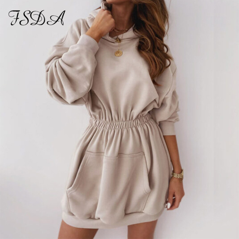 

FSDA 2020 Long Sleeve Shirt Dress Hooded Wrap Autumn Winter Khaki Casual Women Party Pocket A Line Mini Sexy Dresses Hoodie