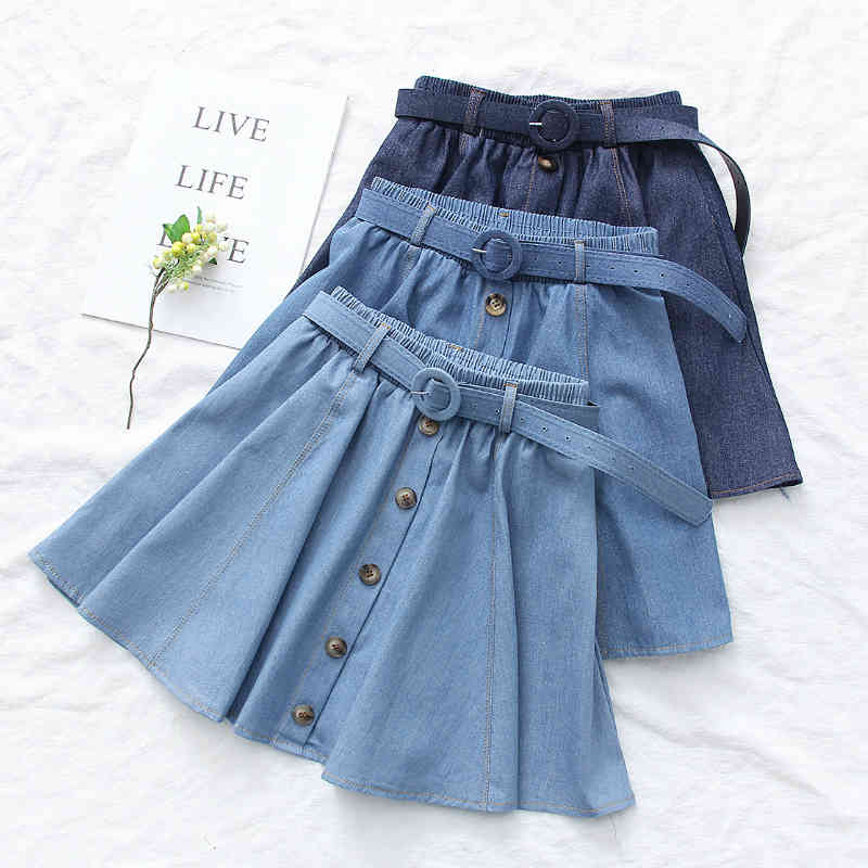 

Skirts Preppy Single-Breasted Cotton Denim Short Skater Skirt Elastic Waist Belt A- Line Pleated Mini Skorts Jean 32MY, Navy blue