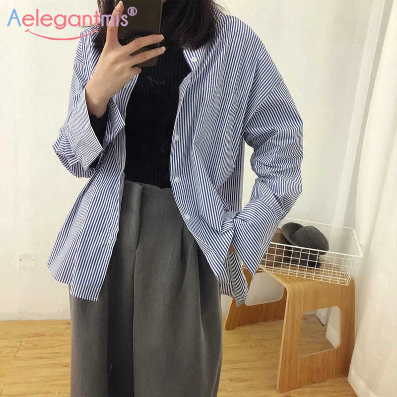 

Aelegantmis Korean Casual OL Striped Shirt Women Spring Elegant Turn Down Collar Blouse Female All Match Office Lady 210607, Blue