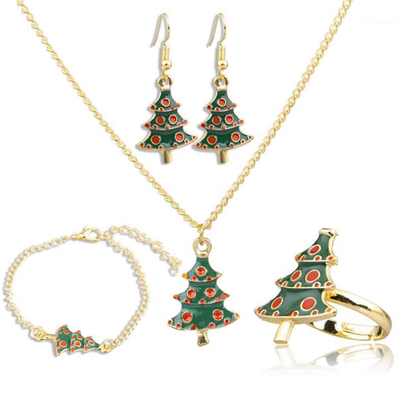 

Earrings & Necklace Fashion Christmas Set Ornament Women Drop Oil Tree Ring Four Piece EaringsS026, Silver