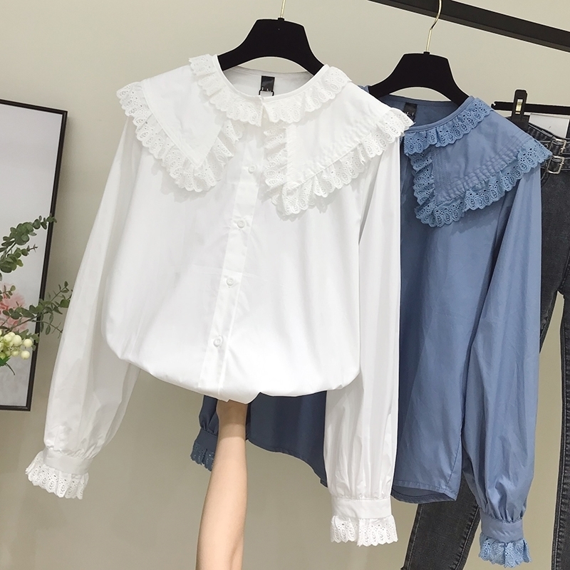 

White Blouse Shirt Women Autumn Spring Long Sleeve Ruffle Shirt Female Blouses Casual Doll Collar Tops Plus Size Colthing 210317