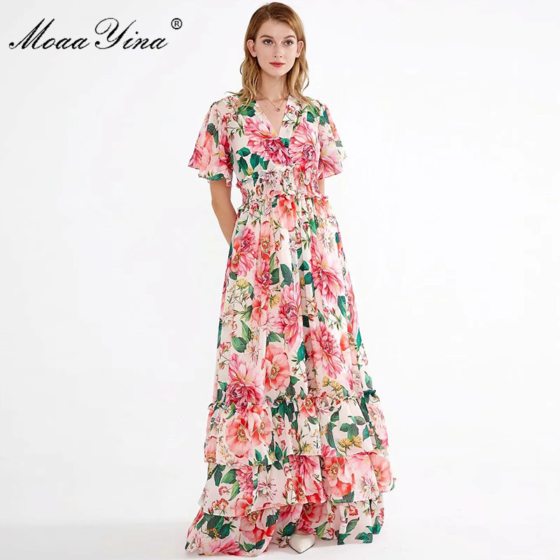 

Spring Summer Women Dress V-neck Flare Sleeve Floral-Print Elasticated waist Cascading Ruffle Vacation Maxi Dresses 210524, Multi