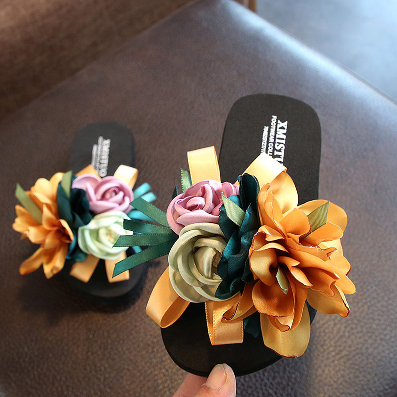 

Summer pinch sandals female flowers slippers women wear new non-slip childrens flip-flops girls fashion beach shoes, Beige