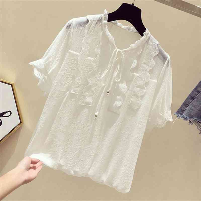 

summer chiffon blouse women korean wild shirts woman vintage short sleeve blouse women plus size slim blouses, White