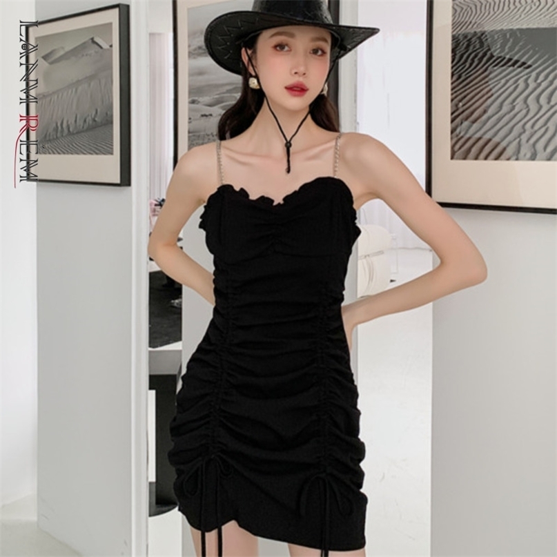 

Women Sleeveless A-line Folds Suspender Dresses Sexy Slim Fit Female Fashion Summer Arrivals 2H014 210526, Black